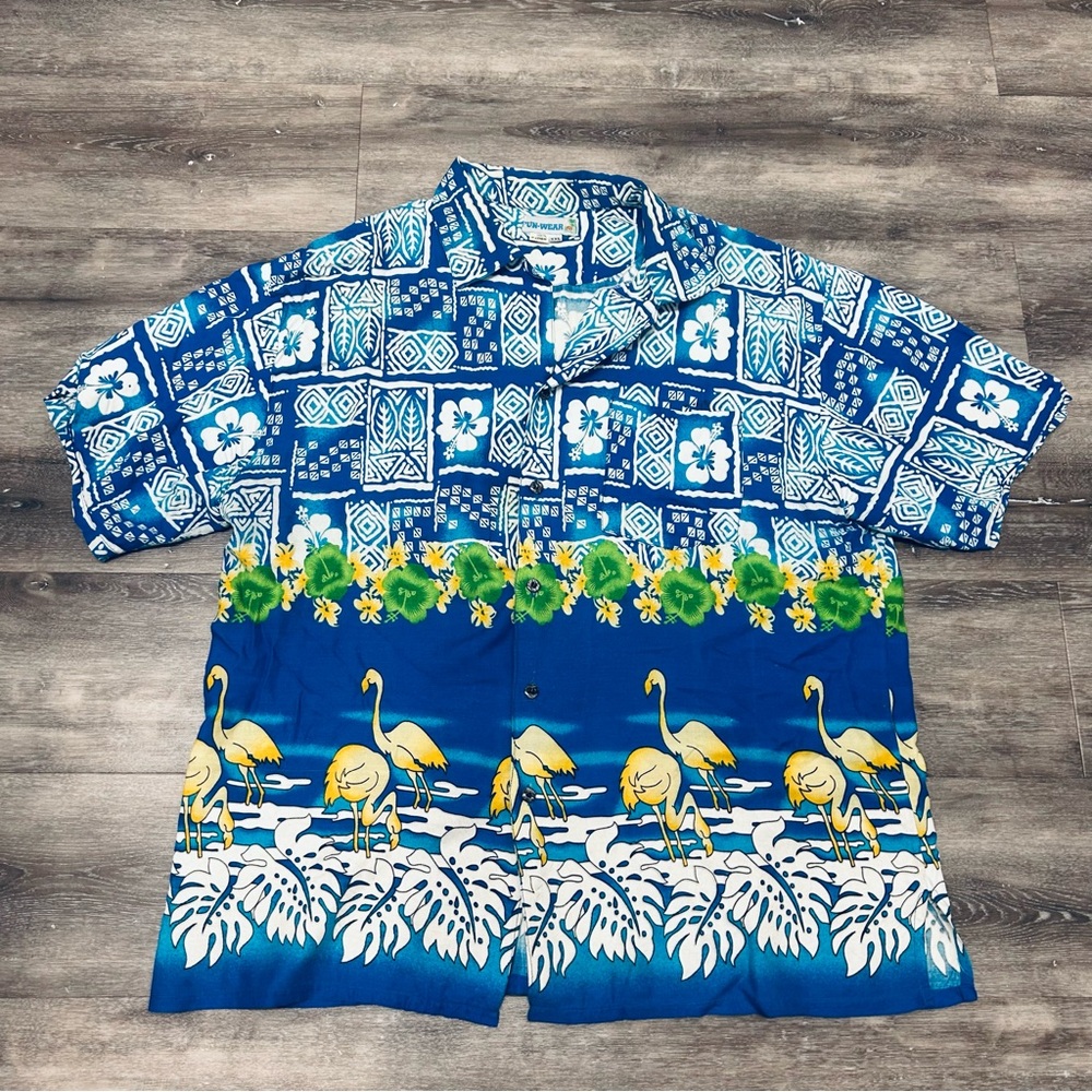 Blue Hawaiian Shirt with Flamingo Print Fun Wear Rayon